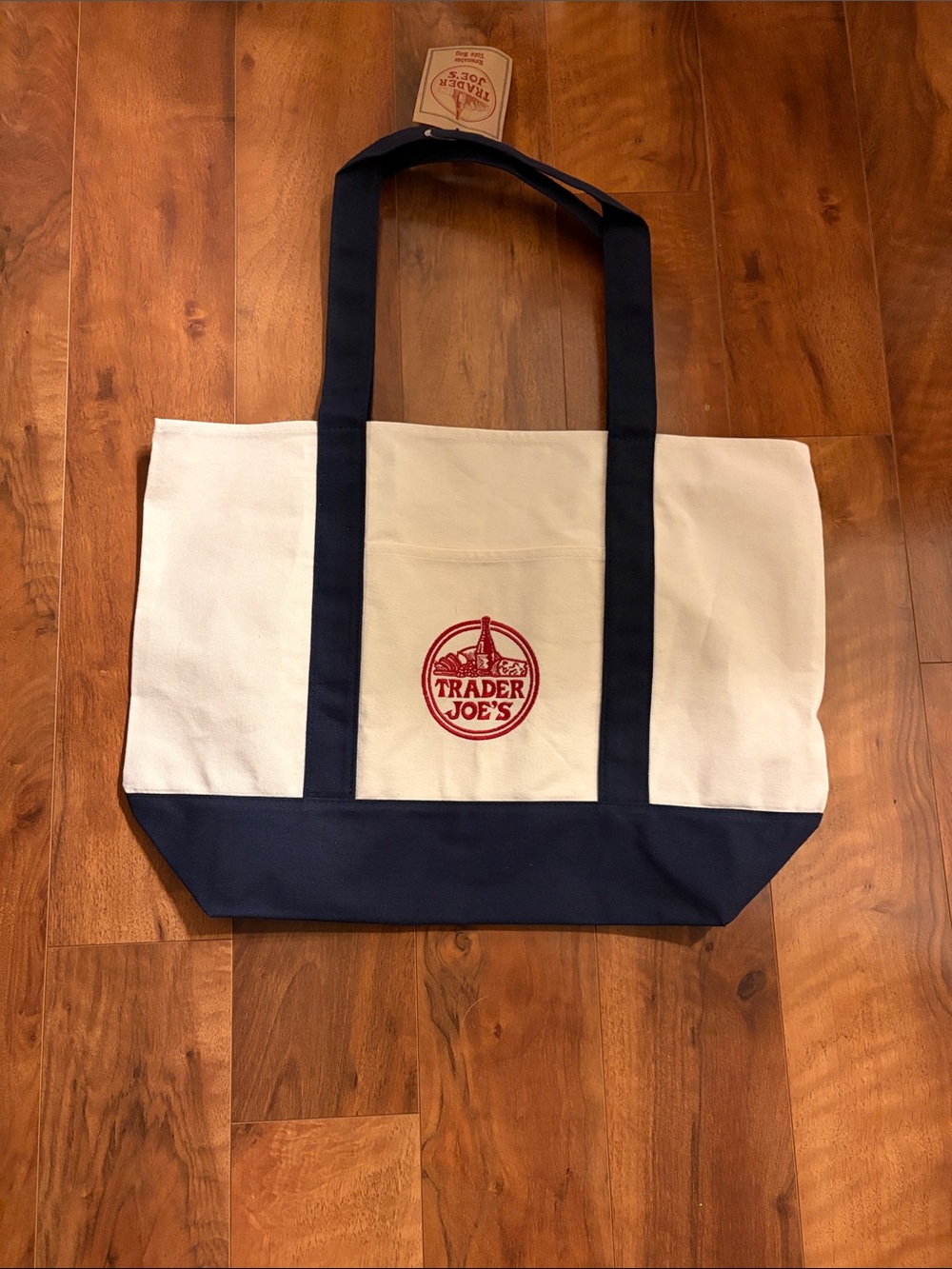 Trader Joe's Cream and Navy Canvas Tote Bag